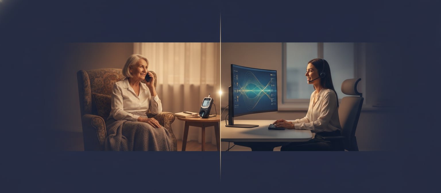 A BridgeCare Louisiana care coordinator on a headset supporting an older patient at home by phone while monitoring their health data in real time